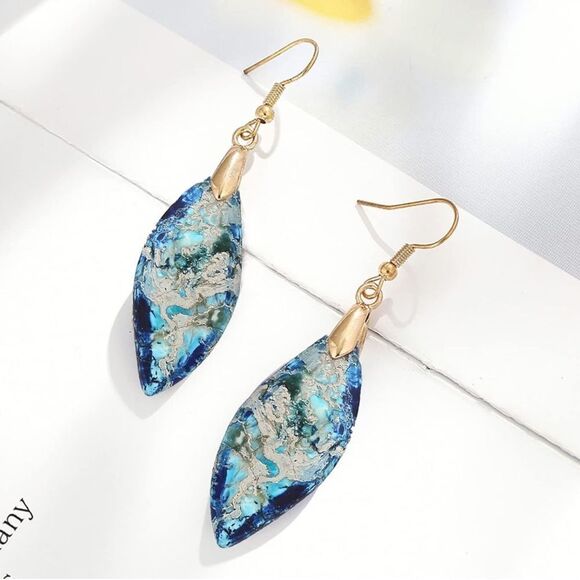 18K Yellow Gold with Natural Imperial Blue Jasper Stone Dangling Hook Earrings - Picture 2 of 6